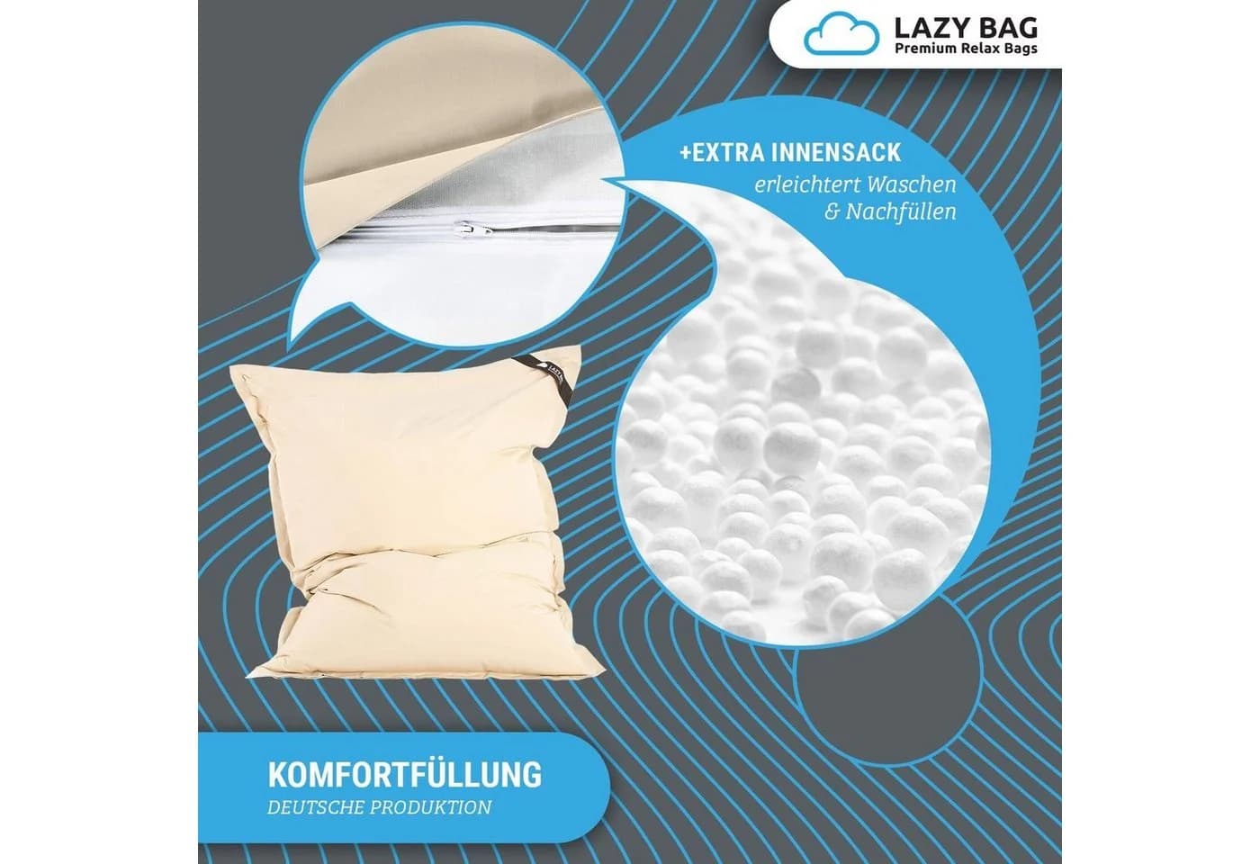 LazyBag Sitzsack XL 250 Liter Wasserfest Beige Indoor Outdoor - Bild 5