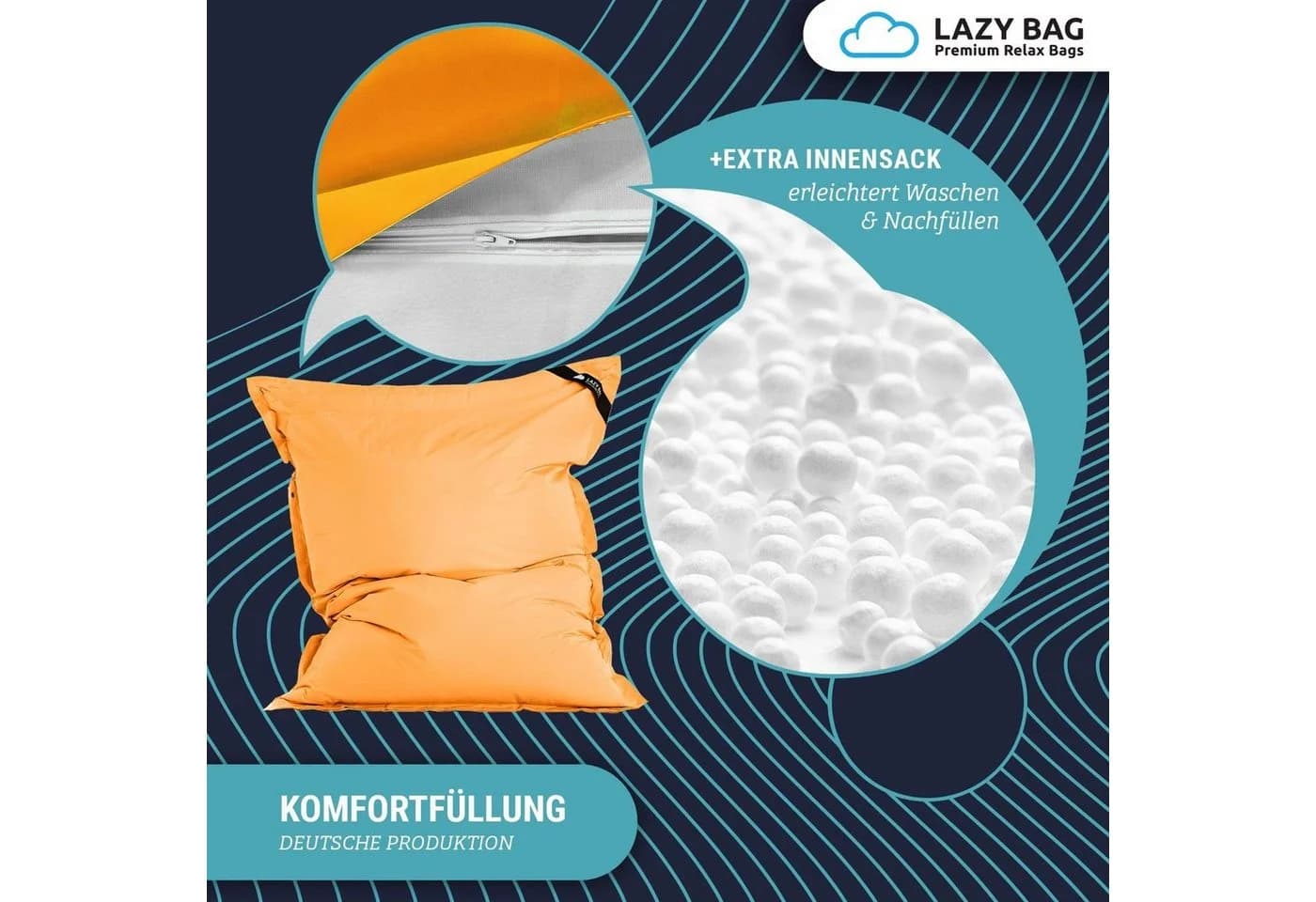 LazyBag Sitzsack XL 250 Liter Wasserfest Orange Indoor Outdoor - Bild 5