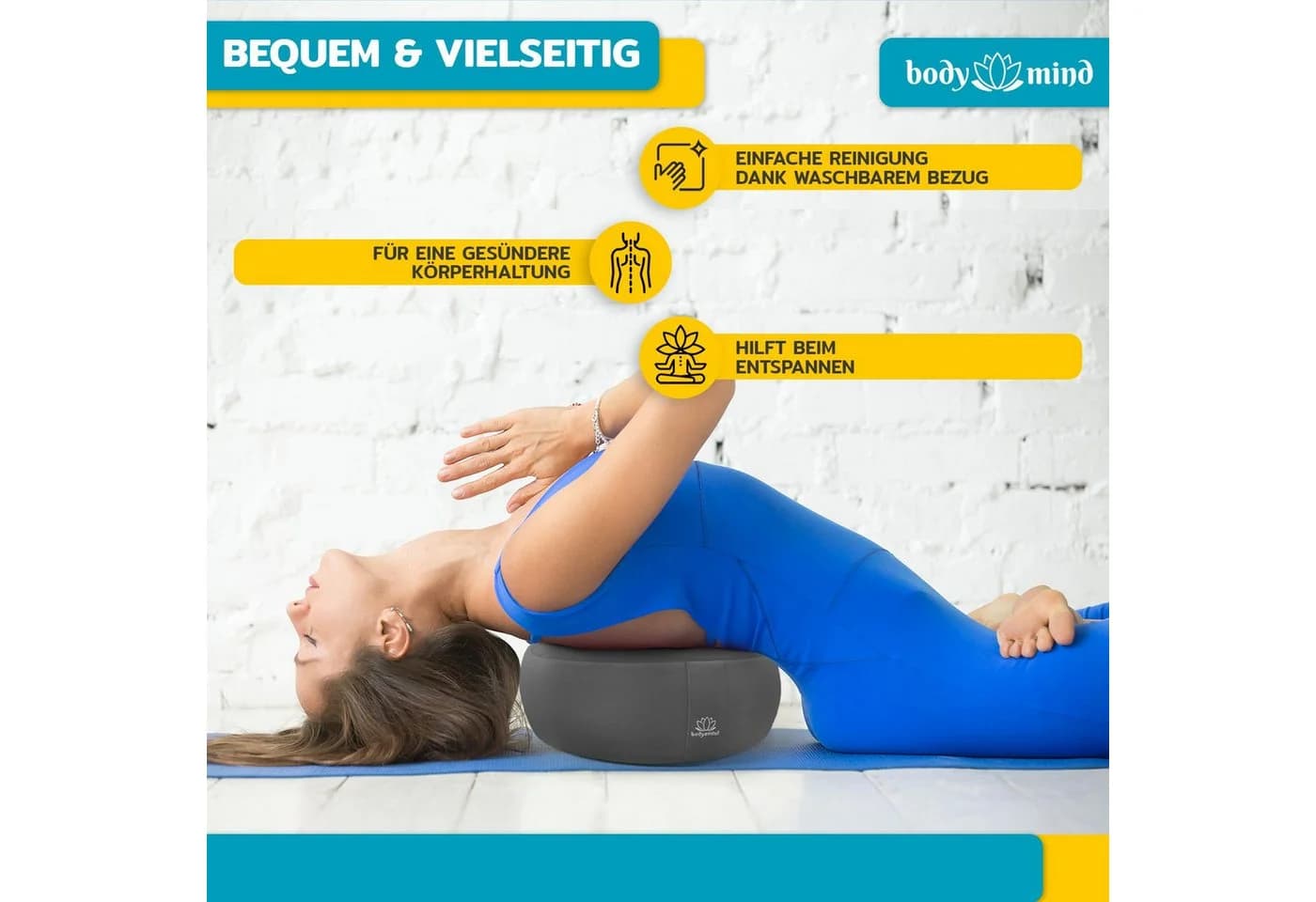 Body & Mind Meditationskissen Grau Rundes Yogakissen