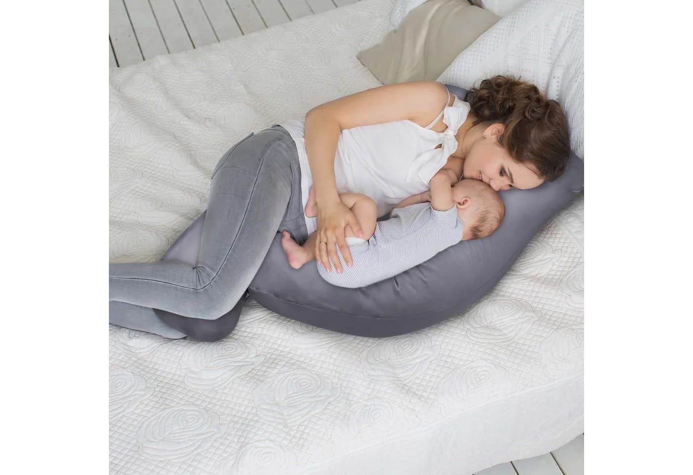 Smoothy U-förmiges Stillkissen Grau-Weiß Vollkörper Schwangerschaftskissen - Bild 3
