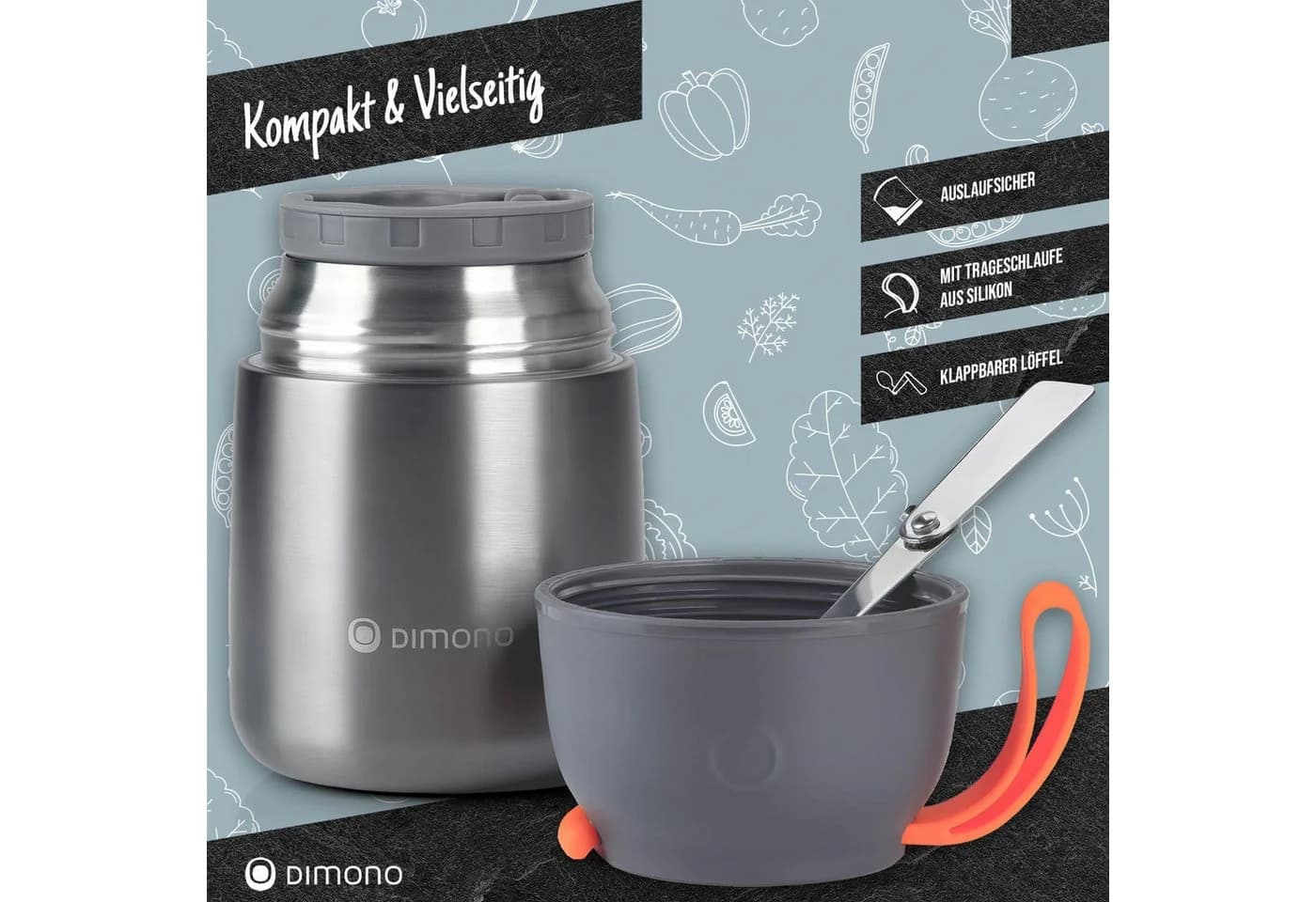 DIMONO Thermobehälter Edelstahl 500ml mit Löffel & Silikonband - Bild 3