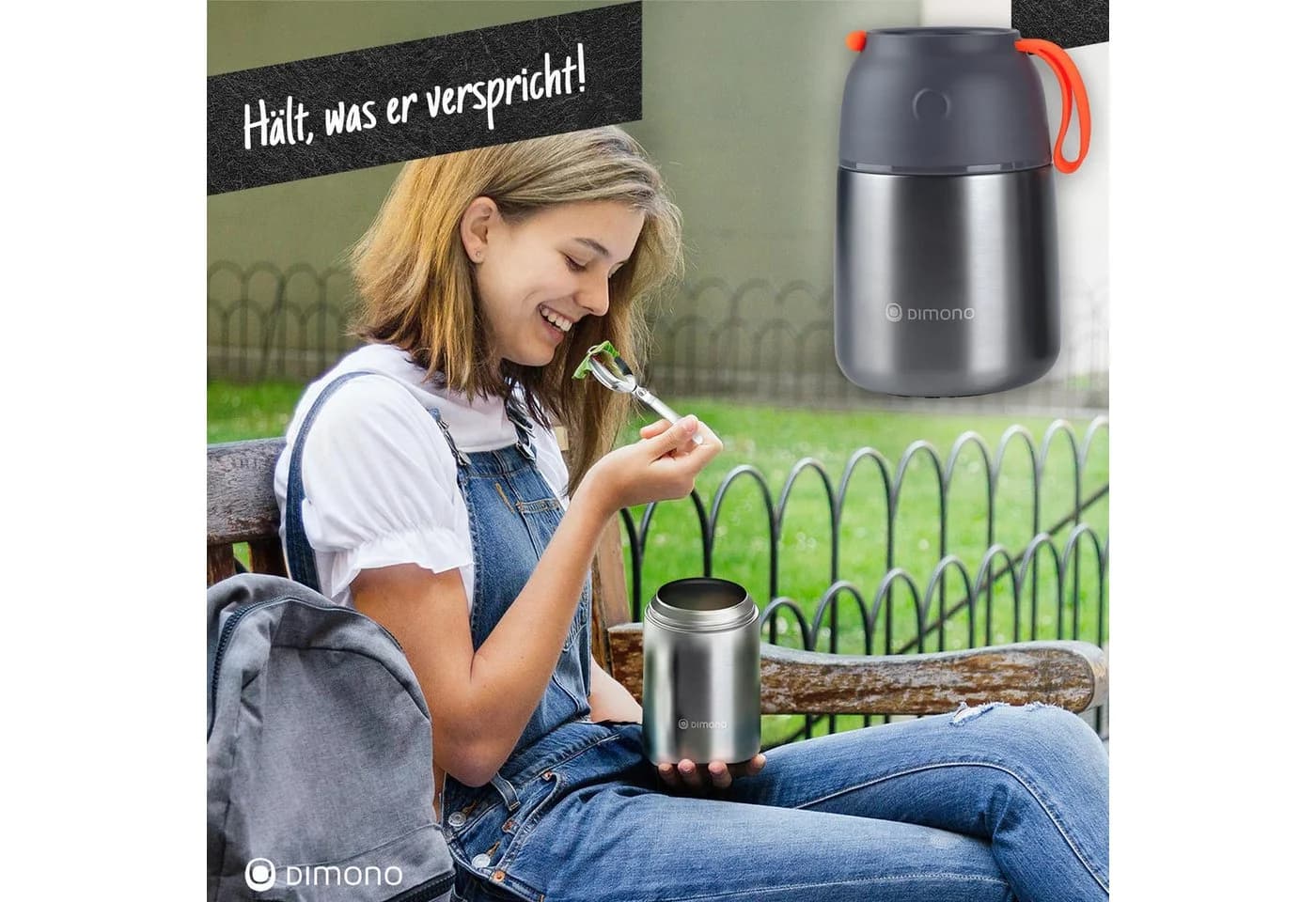 DIMONO Thermobehälter Edelstahl 500ml mit Löffel & Silikonband - Bild 5