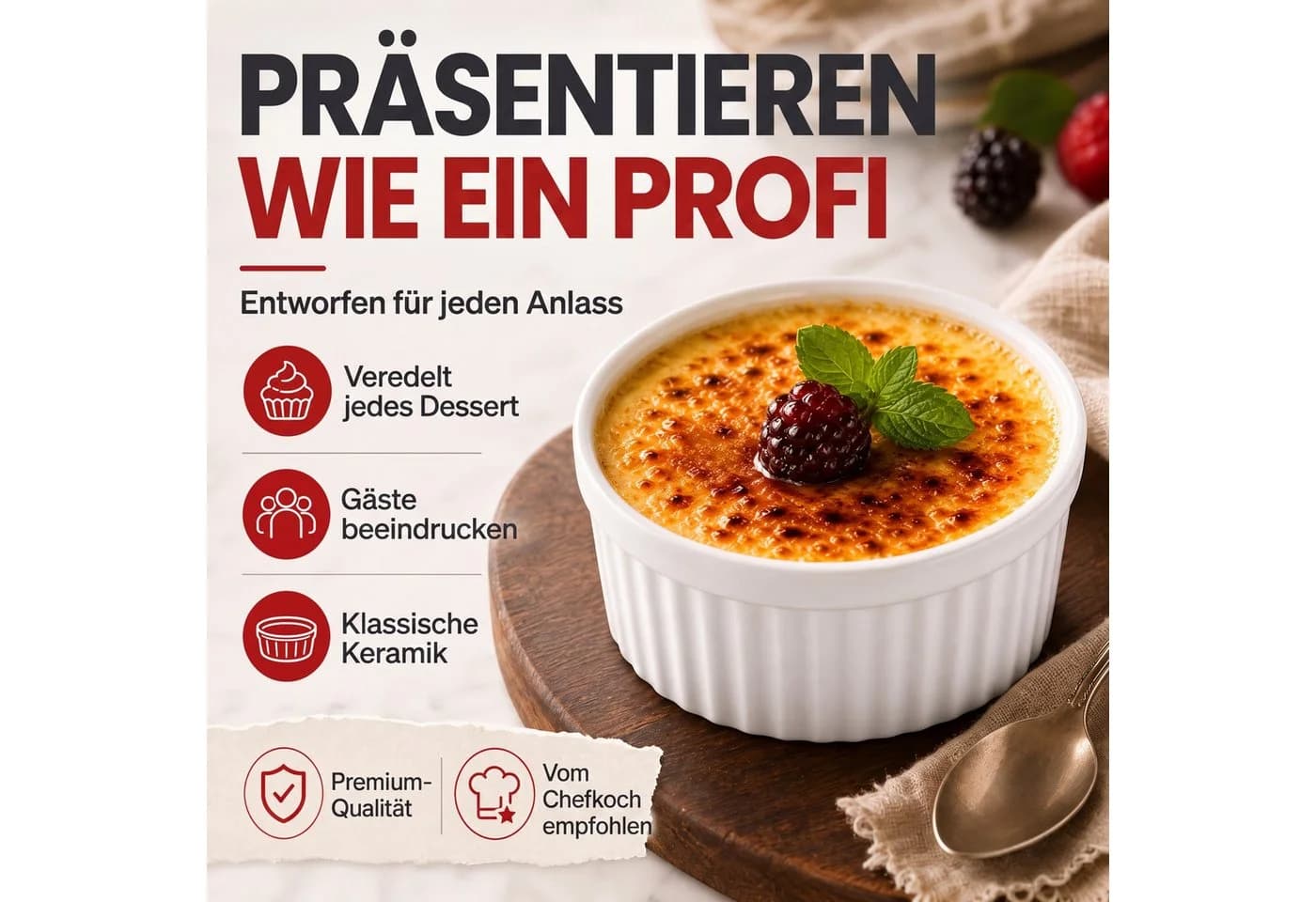 DIMONO 8er Keramik Dessertset Crème Brûlée & Soufflé Schalen Weiß