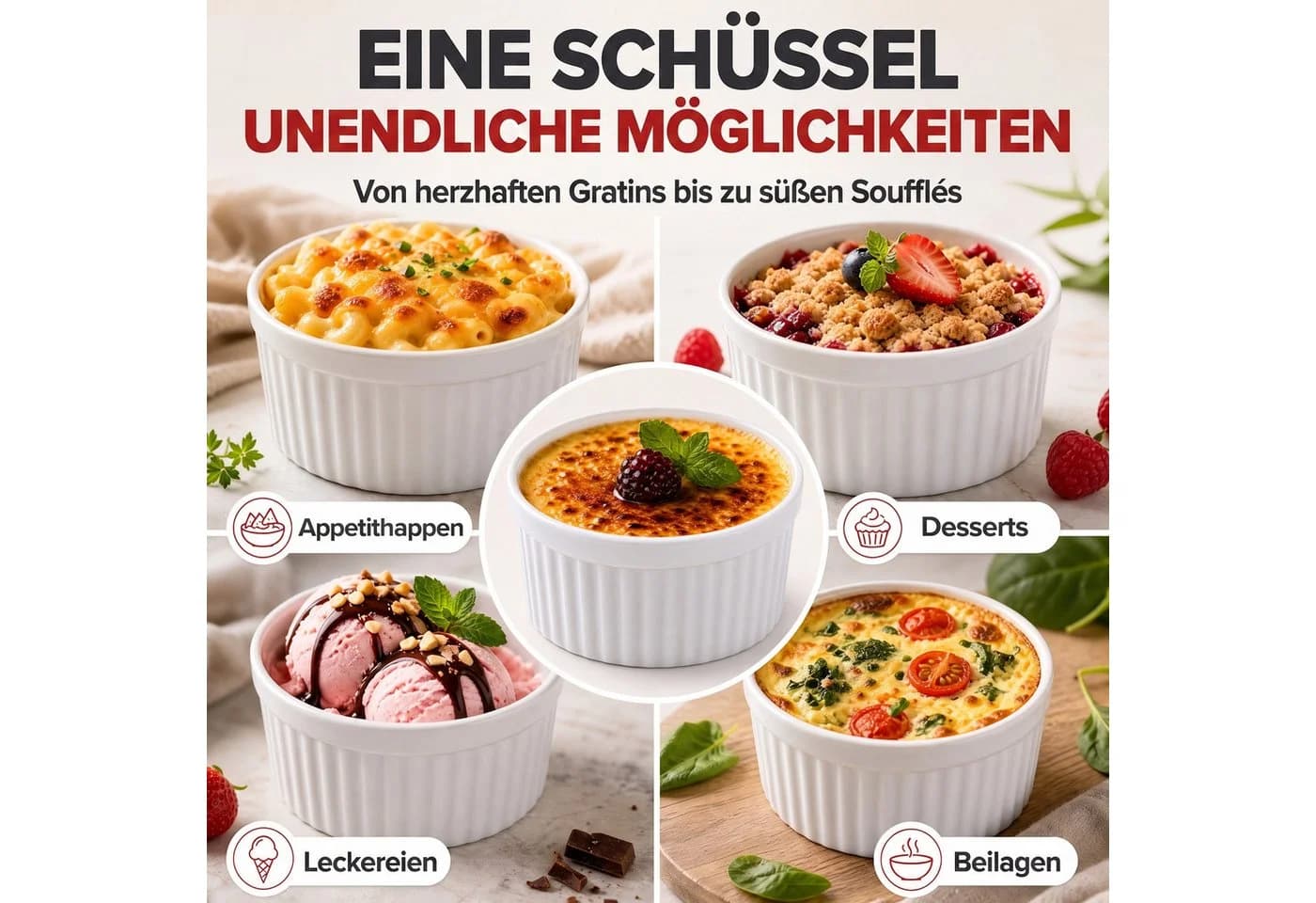DIMONO 8er Keramik Dessertset Crème Brûlée & Soufflé Schalen Weiß - Bild 3