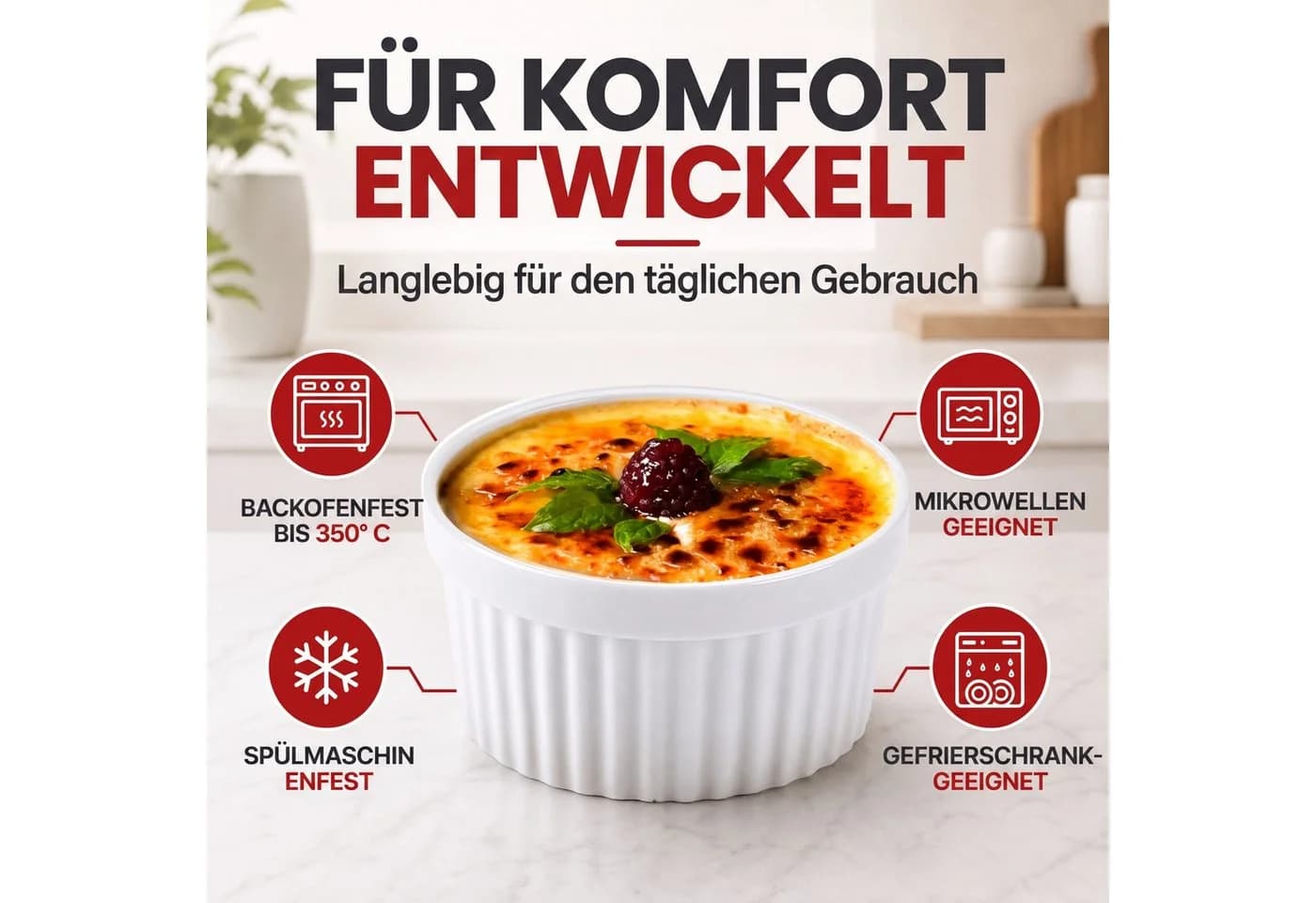 DIMONO 8er Keramik Dessertset Crème Brûlée & Soufflé Schalen Weiß - Bild 4