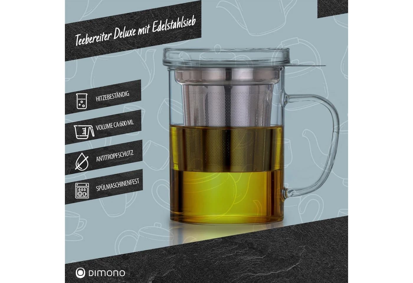 Dimono Teeglas 450 ml mit Sieb & Deckel – Glas Teebereiter Deluxe