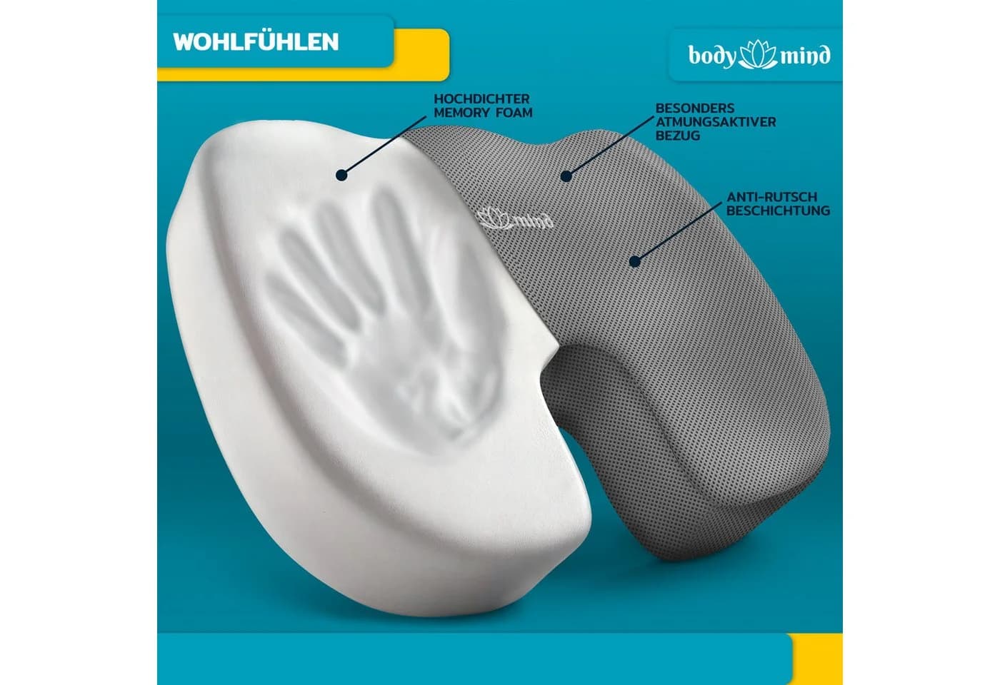Body & Mind Sitzkissen Orthopädisches Keilkissen Grau Memory Foam