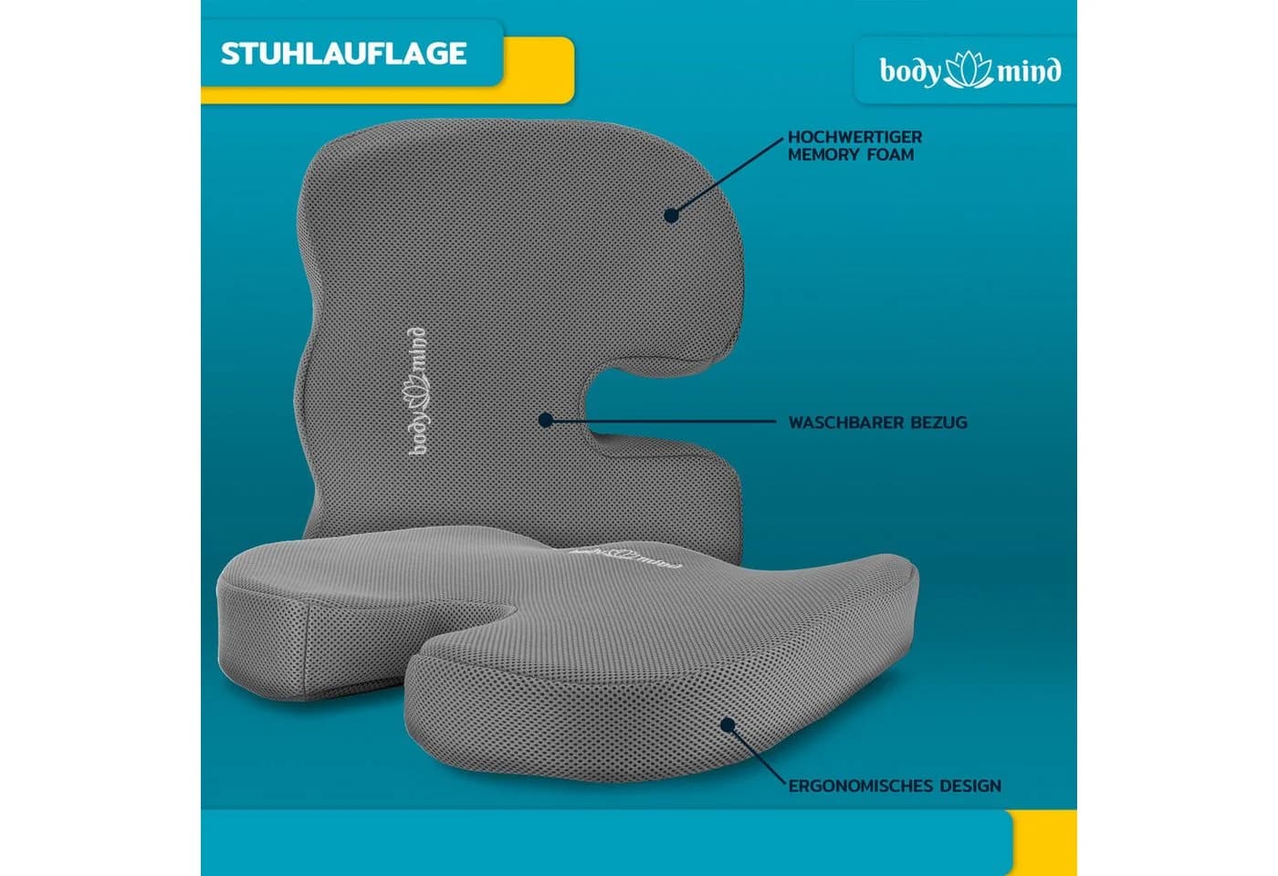 Body & Mind Sitzkissen Orthopädisches Keilkissen Grau Memory Foam - Bild 3