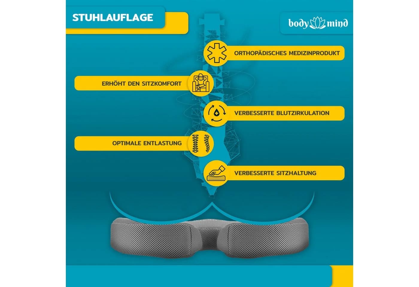 Body & Mind Sitzkissen Orthopädisches Keilkissen Grau Memory Foam - Bild 4