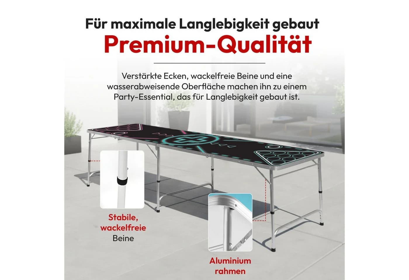 Goods+Gadgets Klappbarer Beer Pong Tisch, 240x55 cm, Aluminium