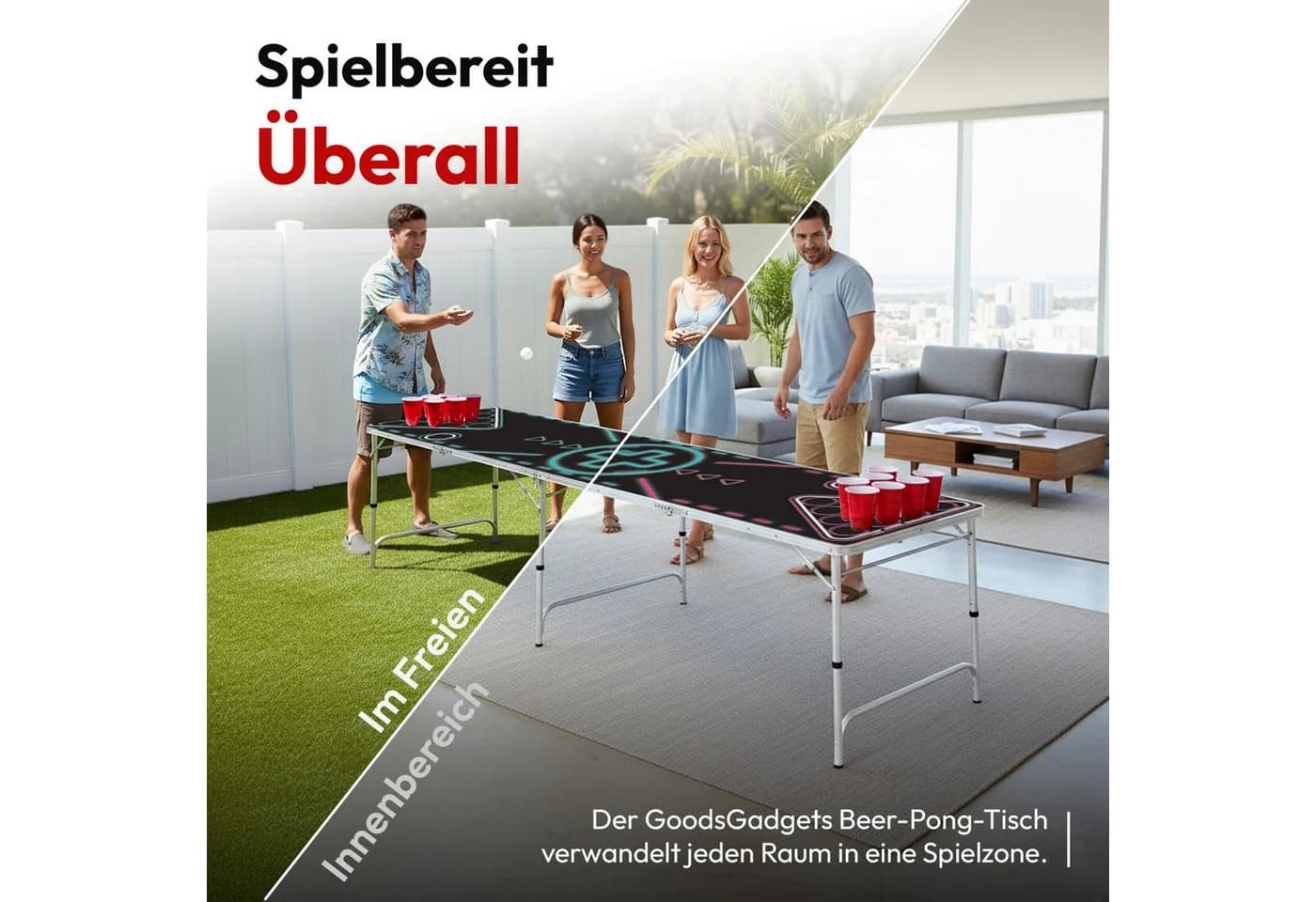 Goods+Gadgets Klappbarer Beer Pong Tisch, 240x55 cm, Aluminium - Bild 4