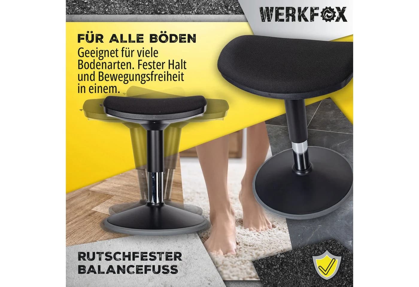 Werkfox Hocker Wackelhocker mit Schwingeffekt Schwarz Rutschfest