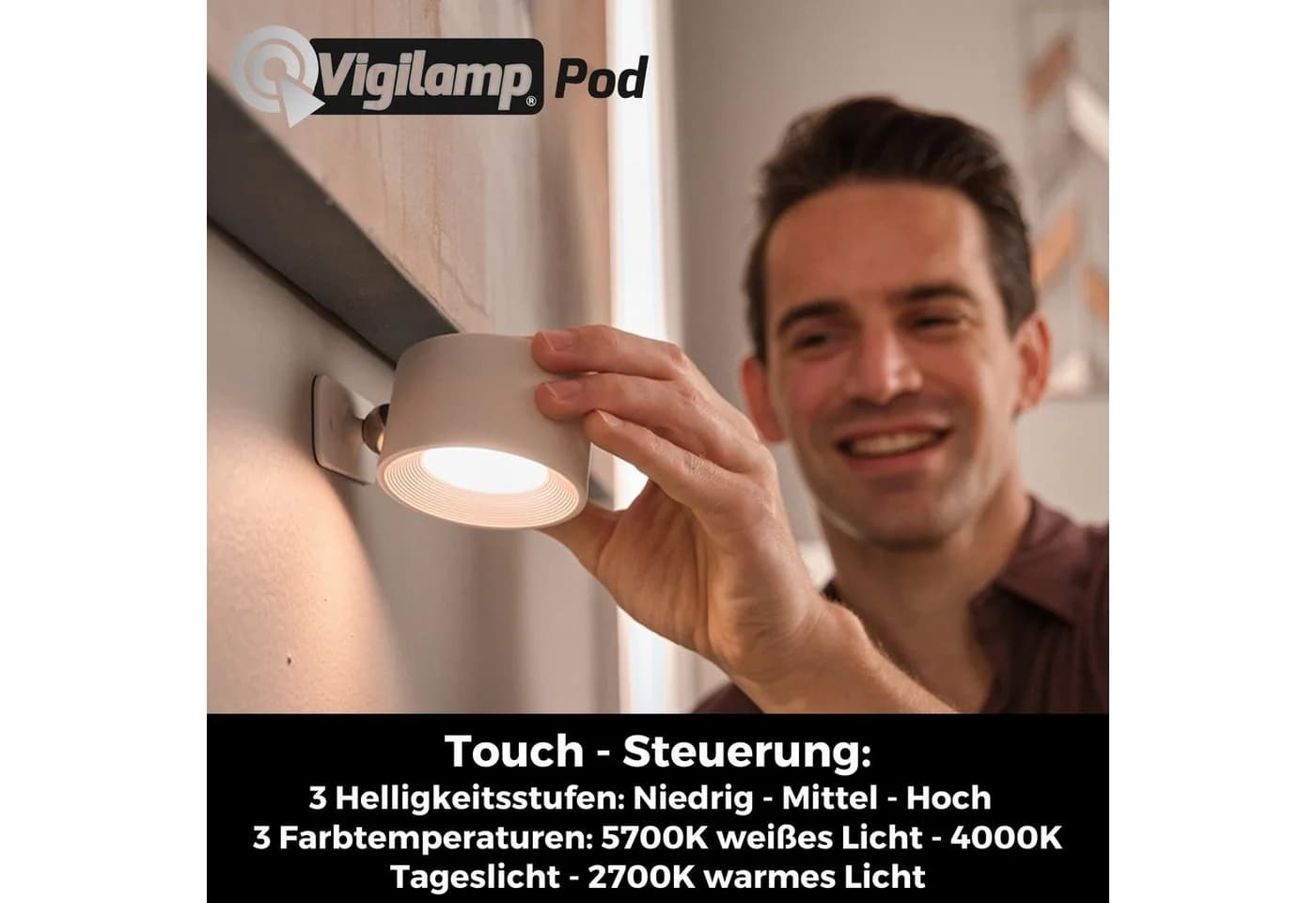 Best Direct Vigilamp Pod LED Wandleuchte Weiß Wiederaufladbar Dimmbar - Bild 5
