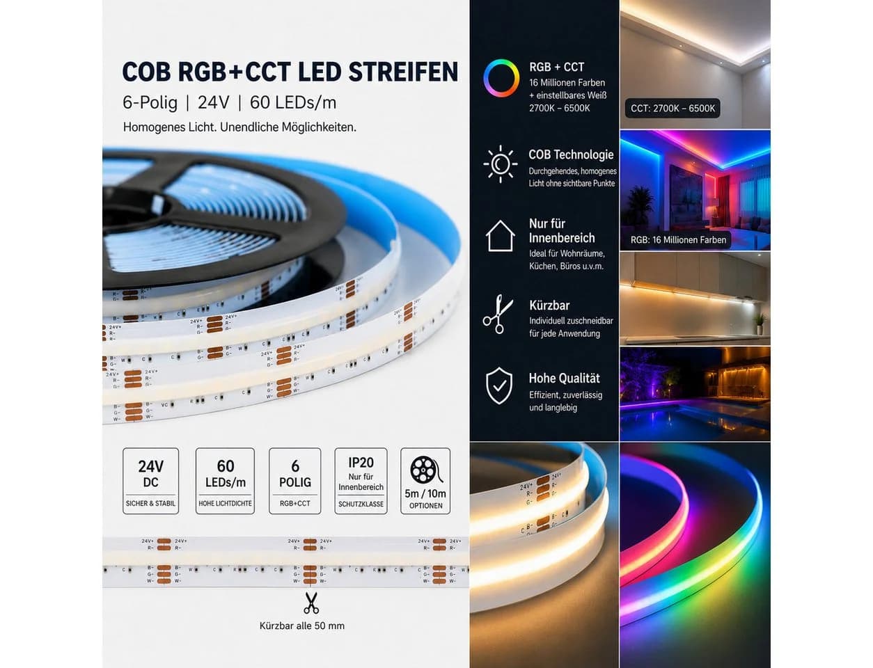 GTV LED Stripe 24V COB RGB+CCT dimmbar inkl. Fernbedienung - Bild 2