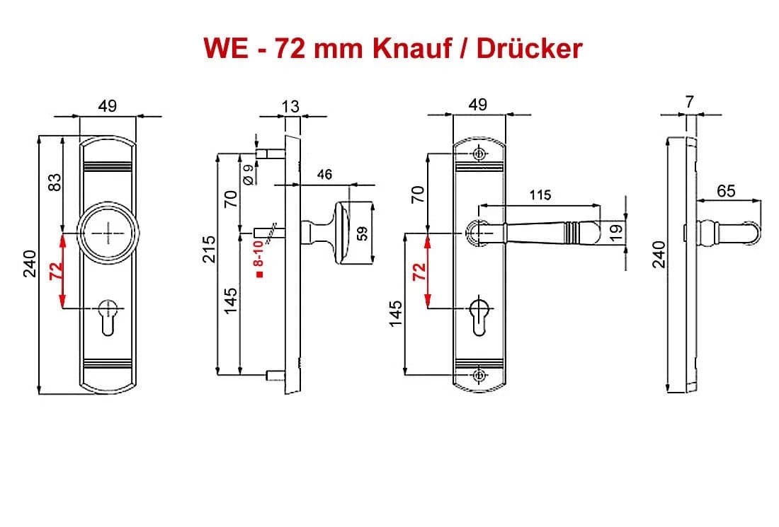 Helena LS Türbeschlag Messing poliert 72 mm mit Knauf - Bild 4