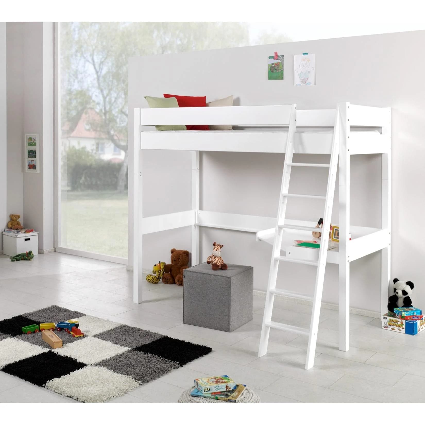 Relita Hochbett RENATE Buche massiv weiß mit Schreibtisch