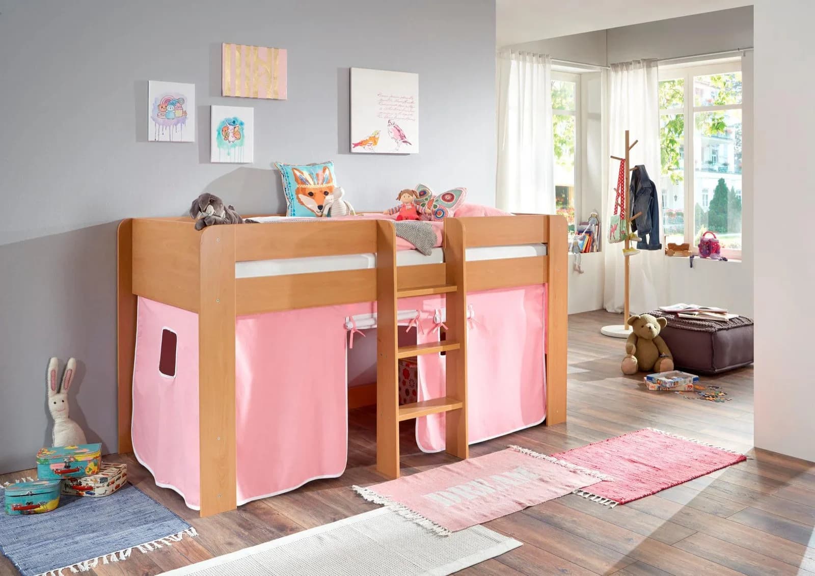 Hochbett RELITA "Andi" Rosa mit Rolllattenrost und Vorhang