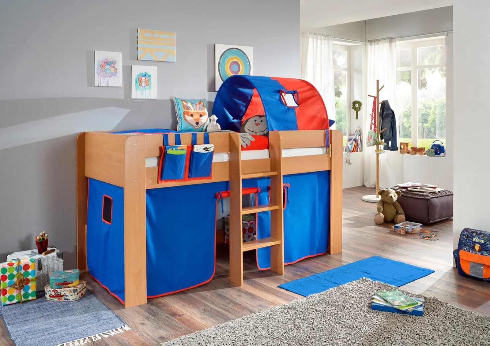 Hochbett RELITA Andi Blau Rot Buche Dekor