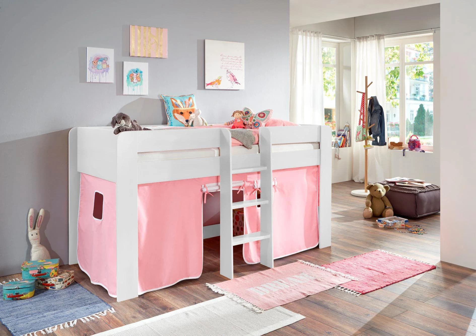 Hochbett RELITA "Andi" Rosa Buche Dekor Weiß Rosa