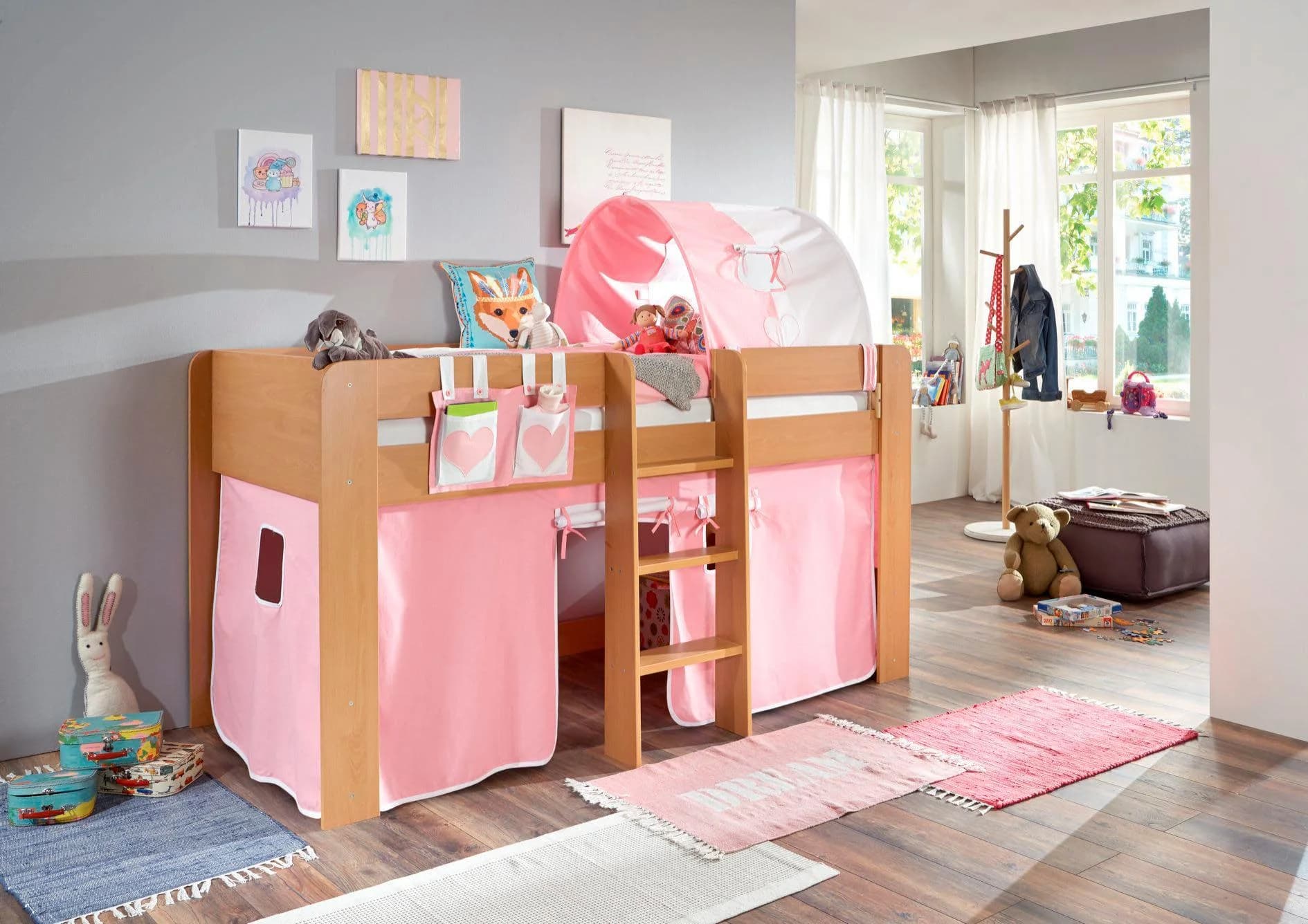 Hochbett RELITA "Andi" Rosa mit Rolllattenrost und Textil-Set