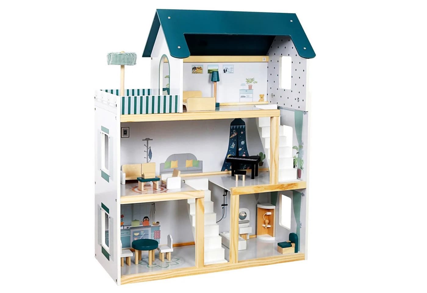 TikTakToo Puppenhaus XXL Puppenvilla Set aus Holz mit Zubehör für Kinder, 17-tlg, 5 Zimmer - Bild 2