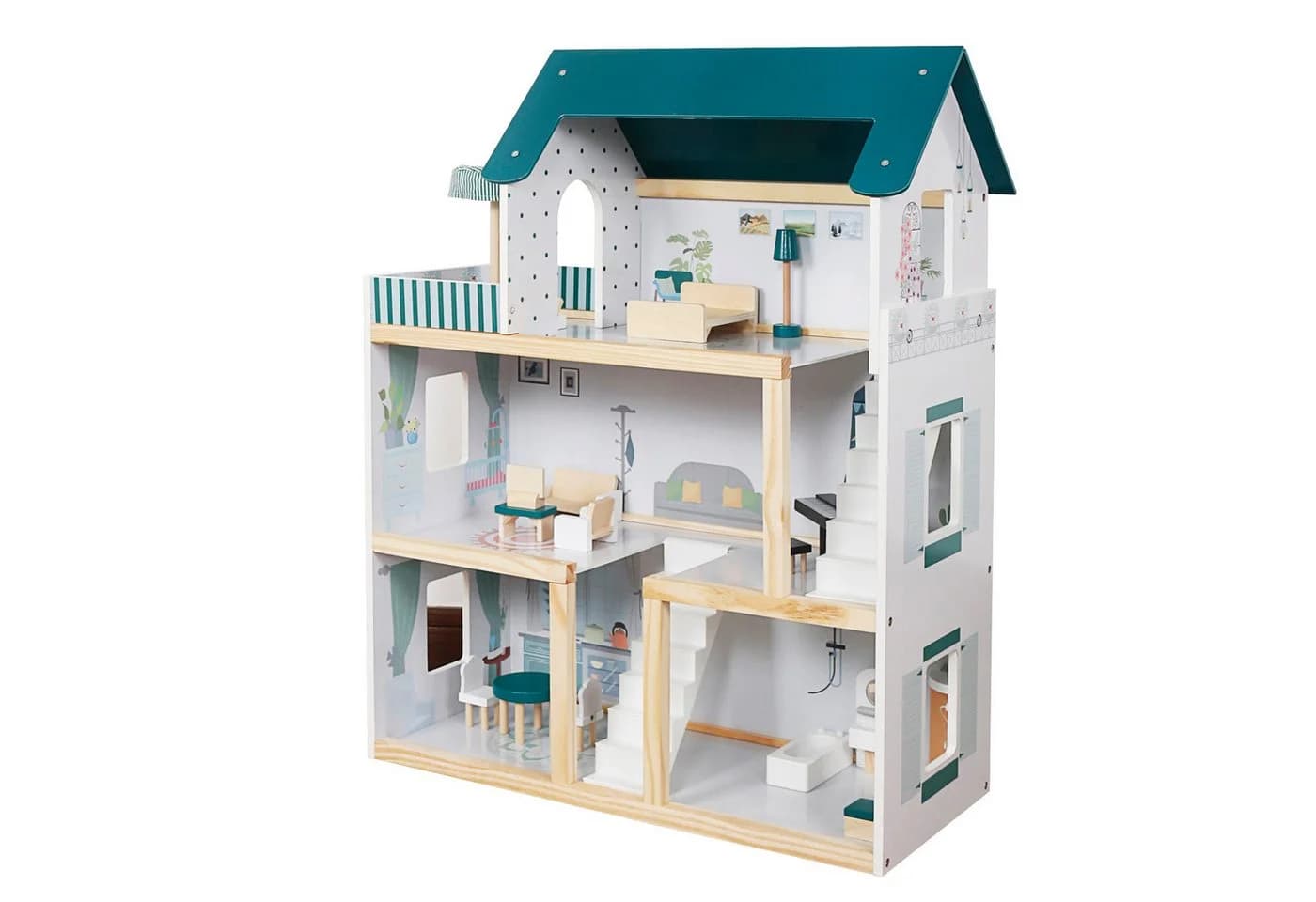 TikTakToo Puppenhaus XXL Puppenvilla Set aus Holz mit Zubehör für Kinder, 17-tlg, 5 Zimmer - Bild 3