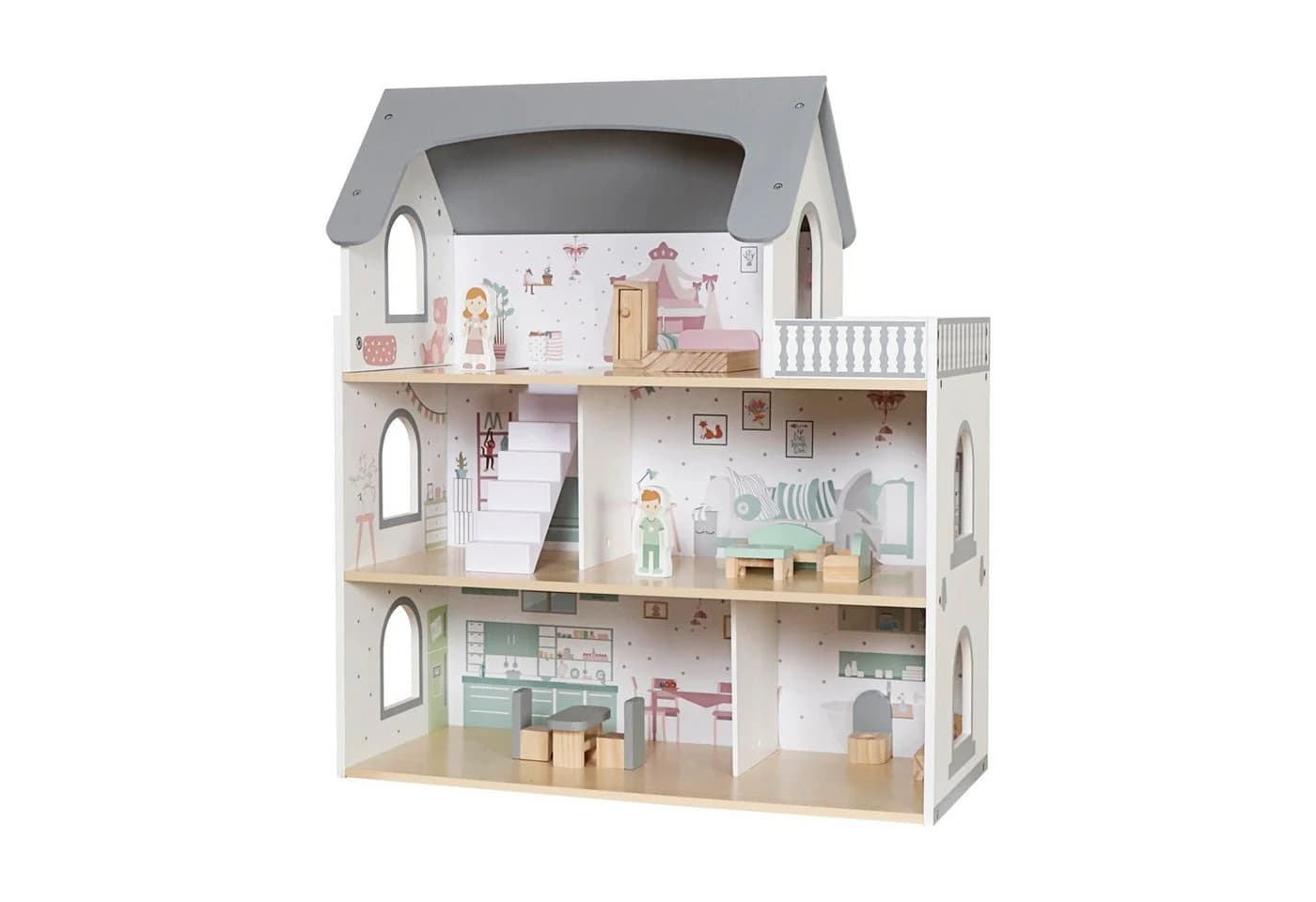 TikTakToo Puppenhaus Traumhaftes Puppenhaus Grau mit 14-teiligem Zubehörset, Drei Etagen und Balkon - Bild 2