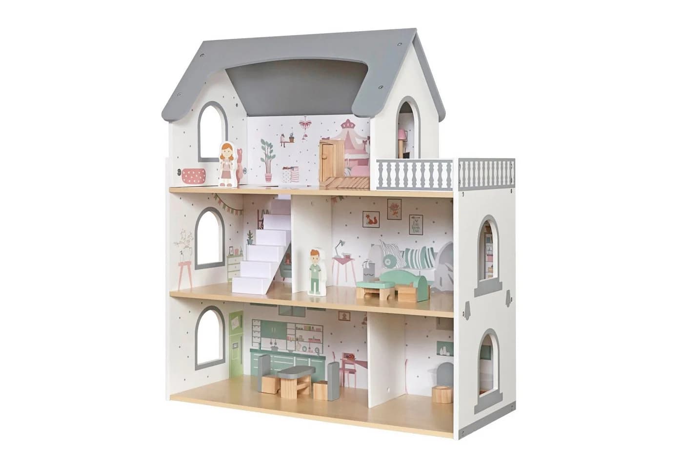 TikTakToo Puppenhaus Traumhaftes Puppenhaus Grau mit 14-teiligem Zubehörset, Drei Etagen und Balkon - Bild 4