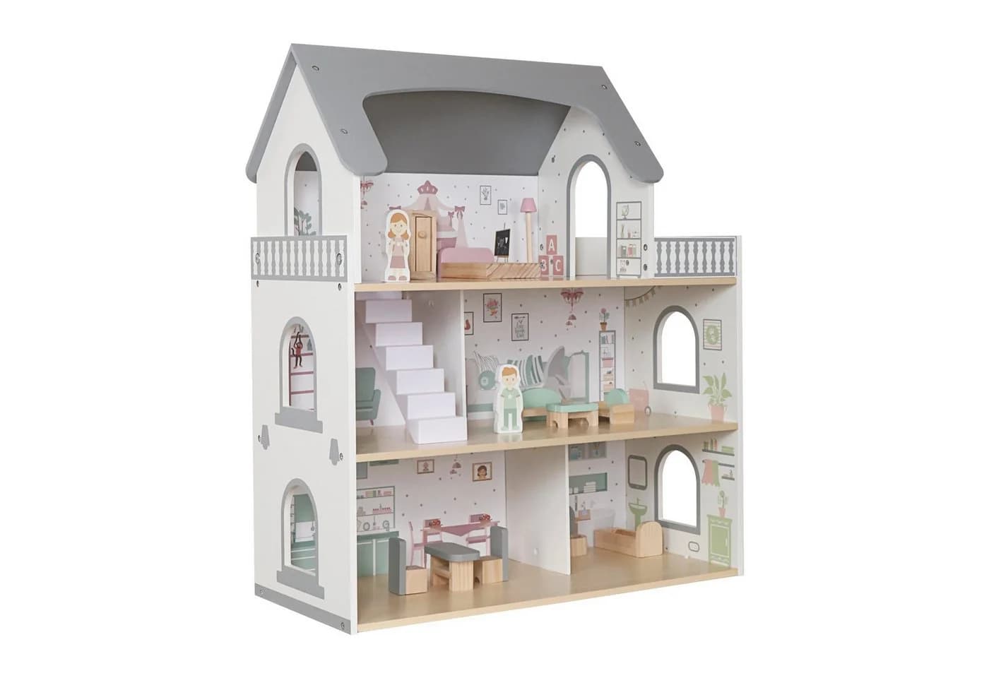 TikTakToo Puppenhaus Traumhaftes Puppenhaus Grau mit 14-teiligem Zubehörset, Drei Etagen und Balkon - Bild 5