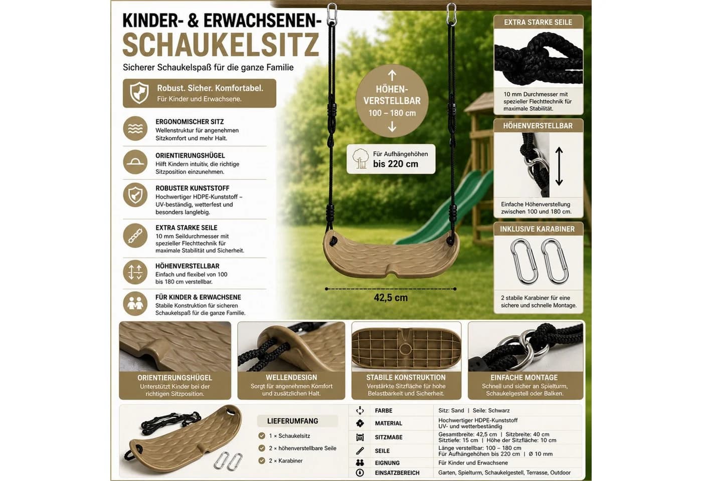 Loggyland Schaukelsitz Brettschaukel Braun HDPE mit Seilen - Bild 5
