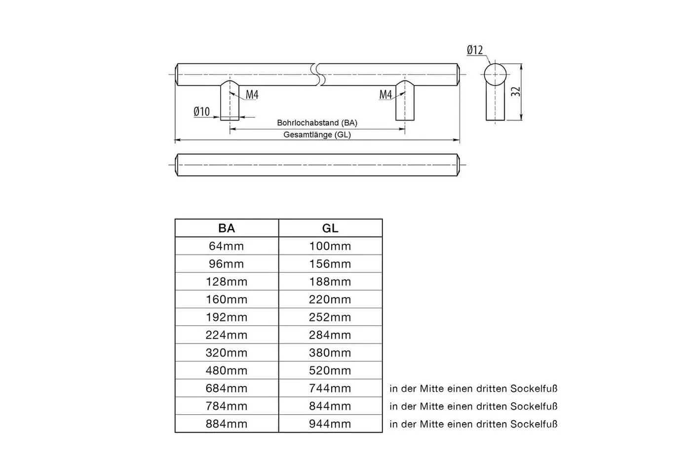 SO-TECH® Möbelgriff Stangengriff G1 Edelstahloptik Ø 12 mm BA 128 mm - Bild 4