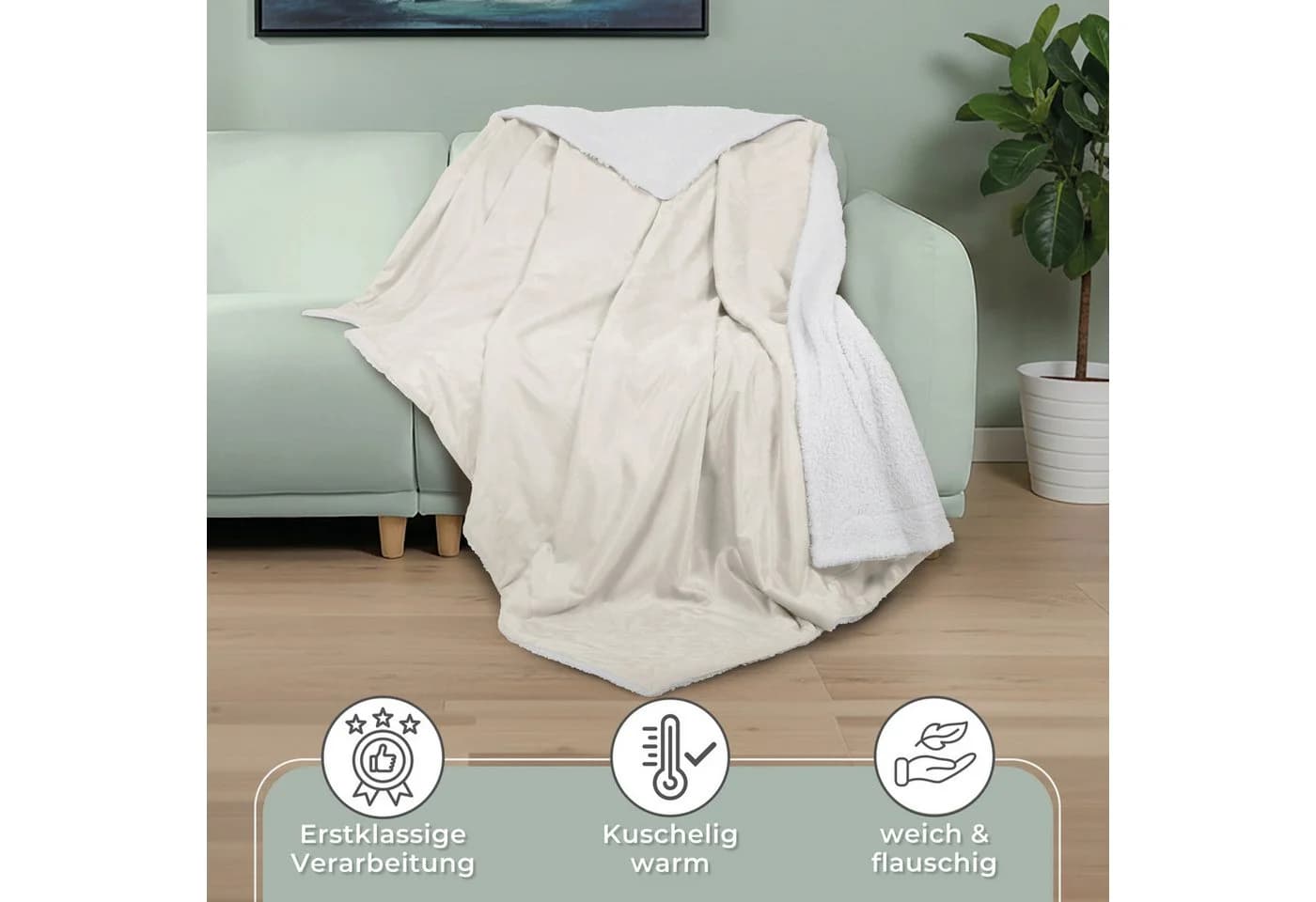 Gräfenstayn Wohndecke Lammfell-Optik Sherpa Flanell Beige - Bild 3