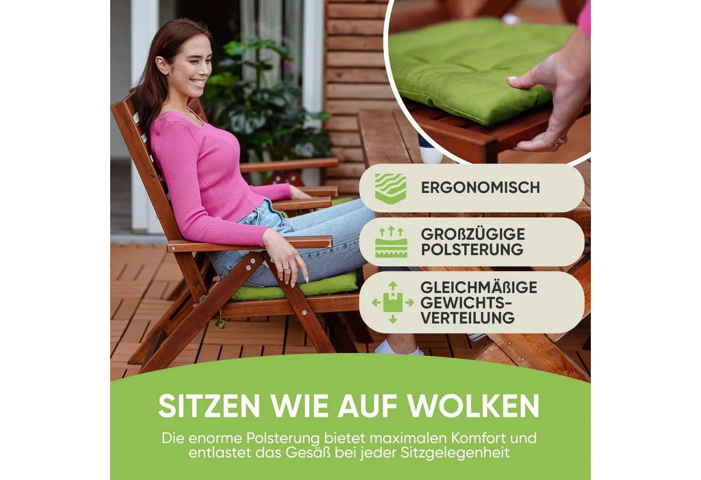Gräfenstayn Stuhlkissen 40x40cm Grün mit Haltebändern Indoor Outdoor