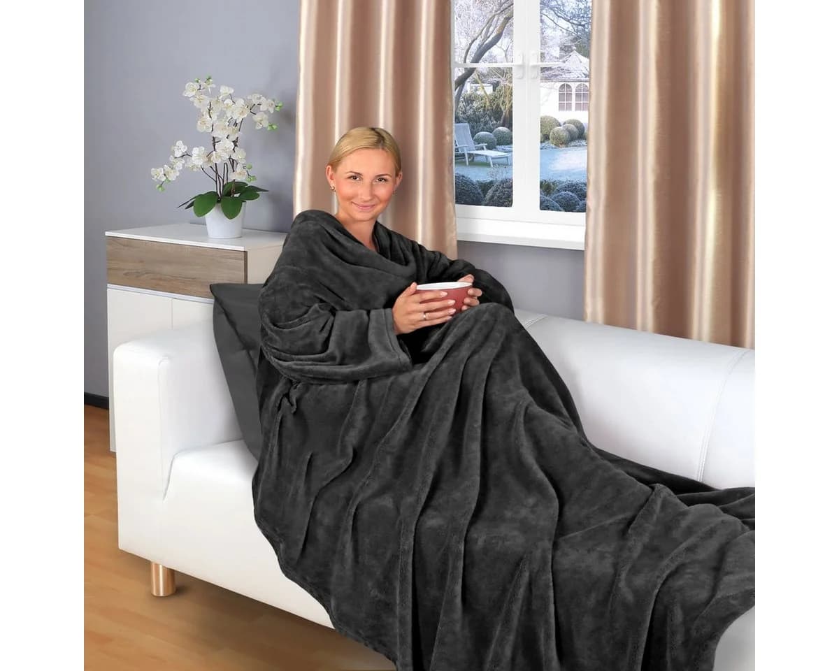 Gräfenstayn Kuscheldecke mit Ärmeln und Fußtasche Schwarz Flanell-Fleece - Bild 2