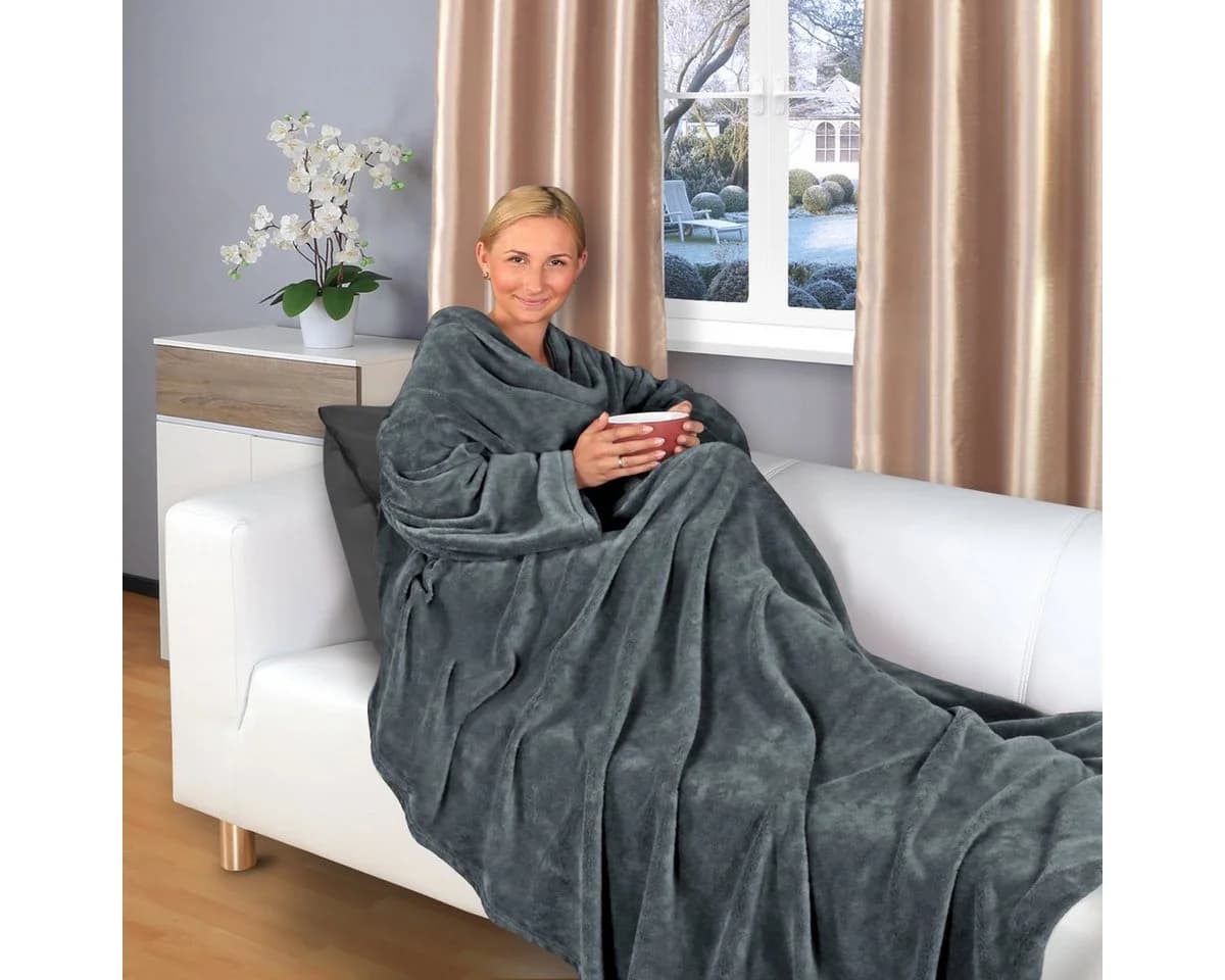 Gräfenstayn Wohndecke Flauschig Tragbar Kuscheldecke Mit Ärmeln Fußtasche Anthrazit - Bild 2