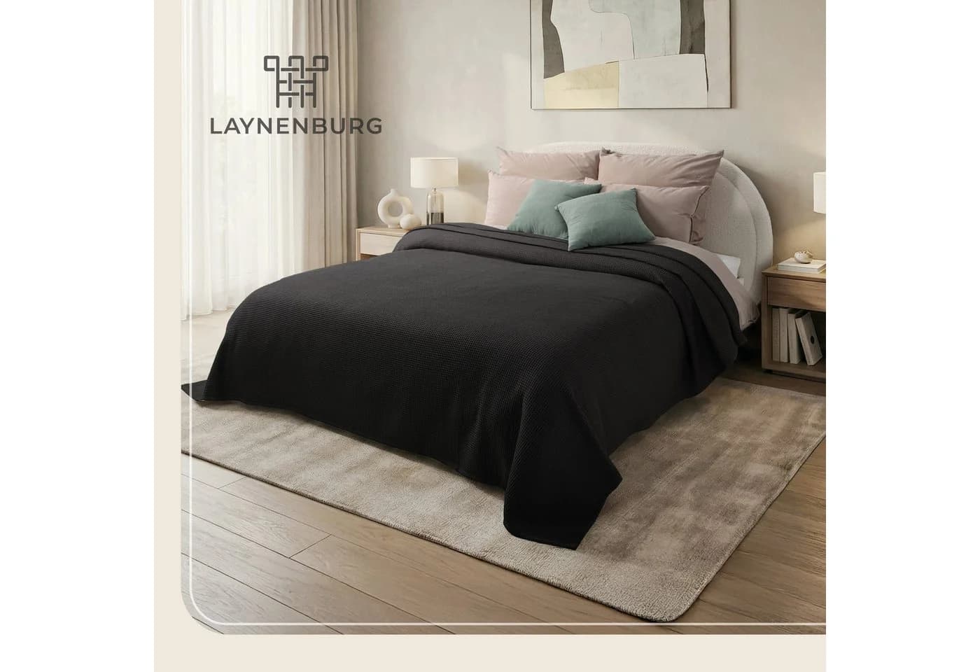 LAYNENBURG Tagesdecke Waffelpique 100% Baumwolle Schwarz
