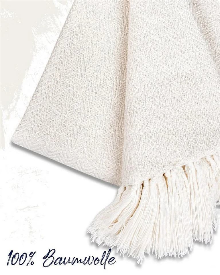Gräfenstayn Tagesdecke Premium 100% Baumwolle Fischgrätenmuster Creme