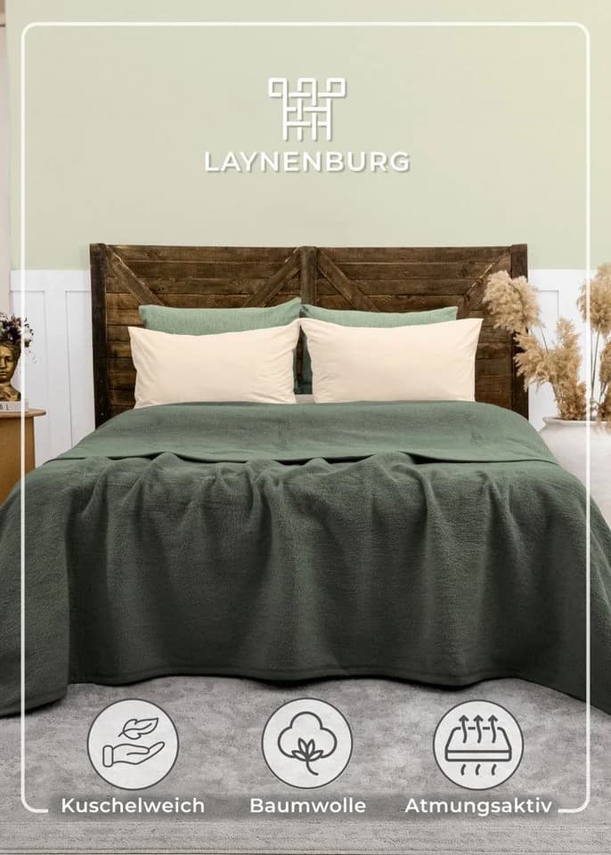 Laynenburg Wohndecke Baumwolle Kuscheldecke Dunkelgrün