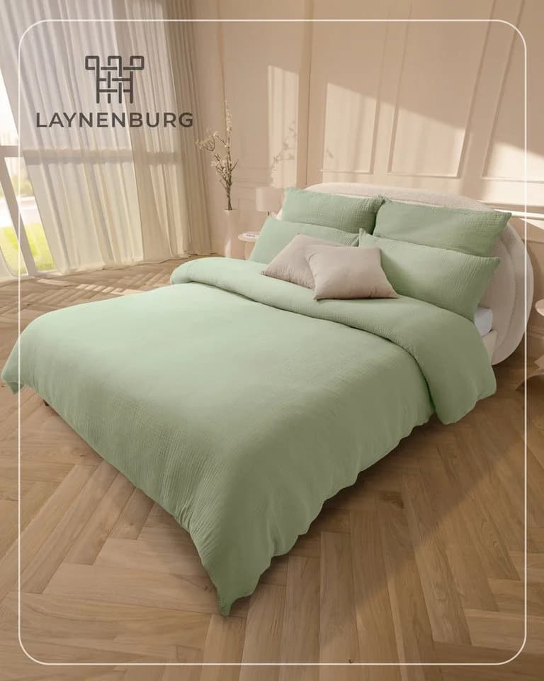 LAYNENBURG Bettwäsche Musselin 100% Baumwolle Grün Crinkle