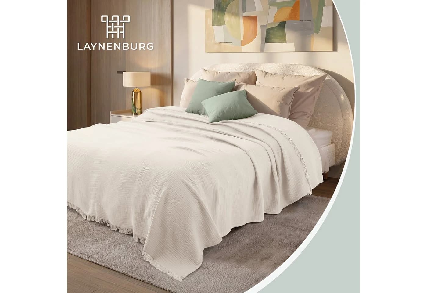 LAYNENBURG Musselin Tagesdecke mit Fransen 100% Baumwolle Beige