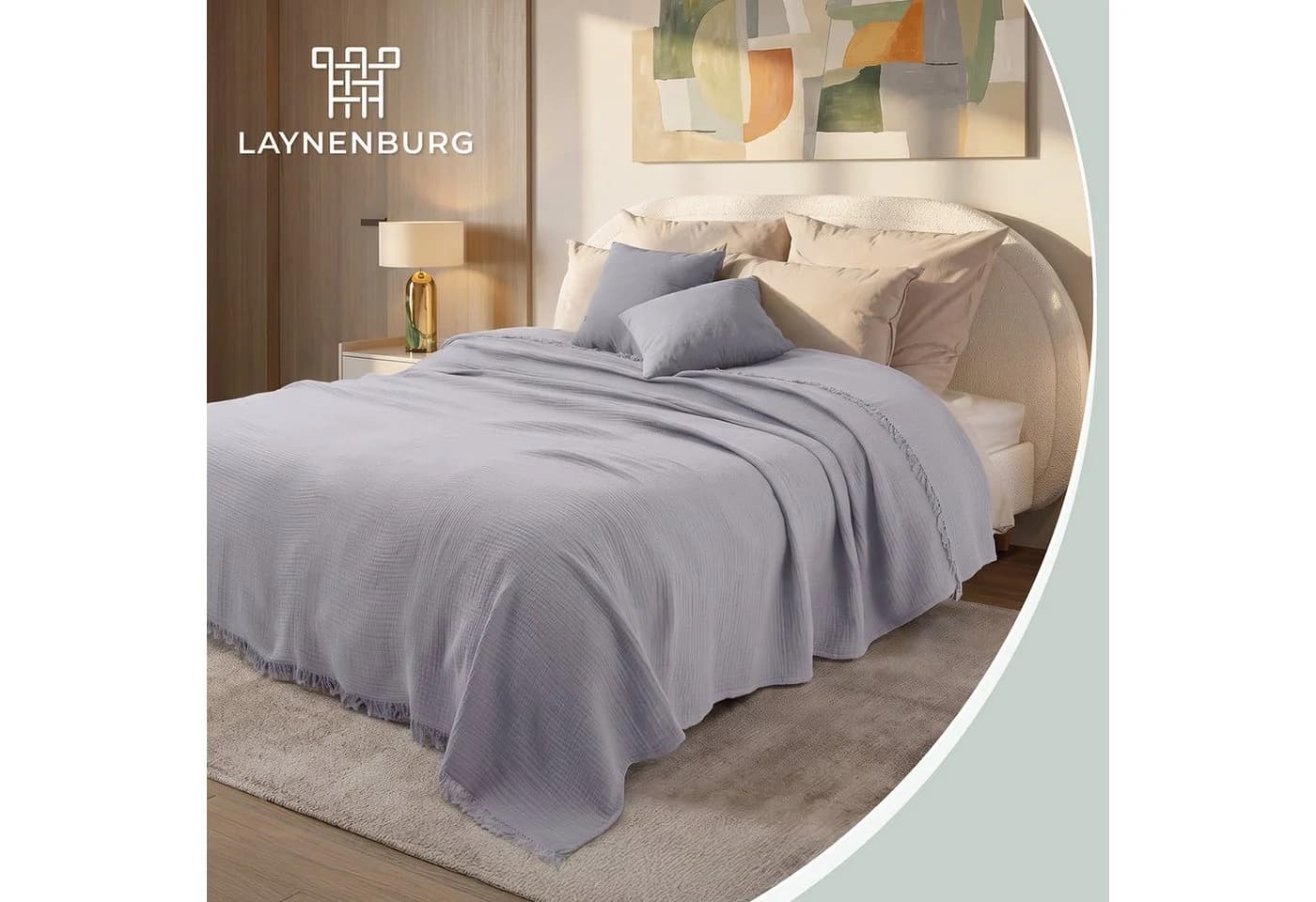 LAYNENBURG Tagesdecke Musselin Grau 100% Baumwolle mit Fransen