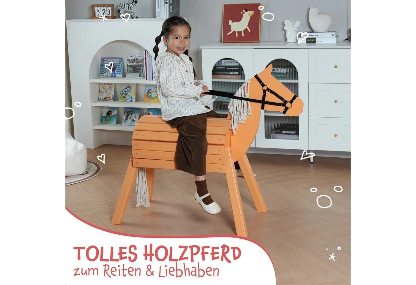 Pink Papaya Holzpferd XXL Reitpferd aus Holz mit Mähne und Schweif