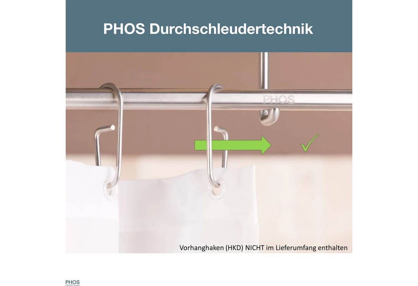PHOS Design Duschvorhangringe HKD Edelstahl 10er Set Durchschleudertechnik