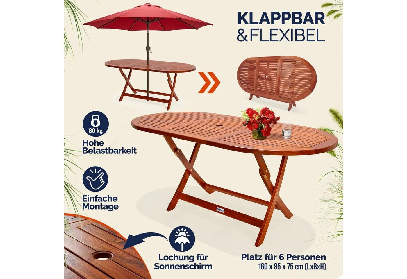 Casaria Gartentisch Alabama Klappbar Akazie Schirmständer