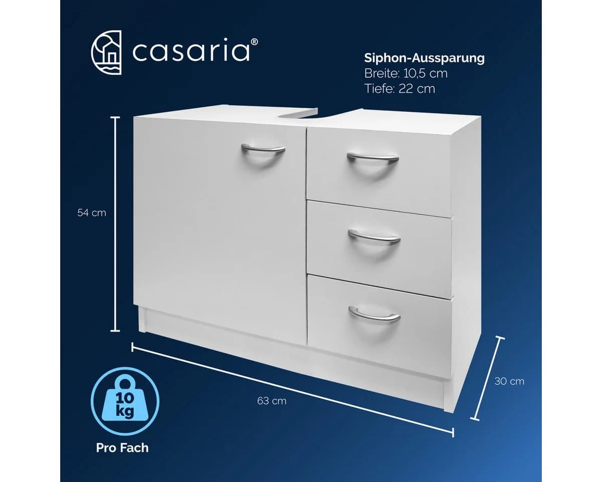 Casaria Waschbeckenunterschrank Neapel Weiß 3 Schubladen