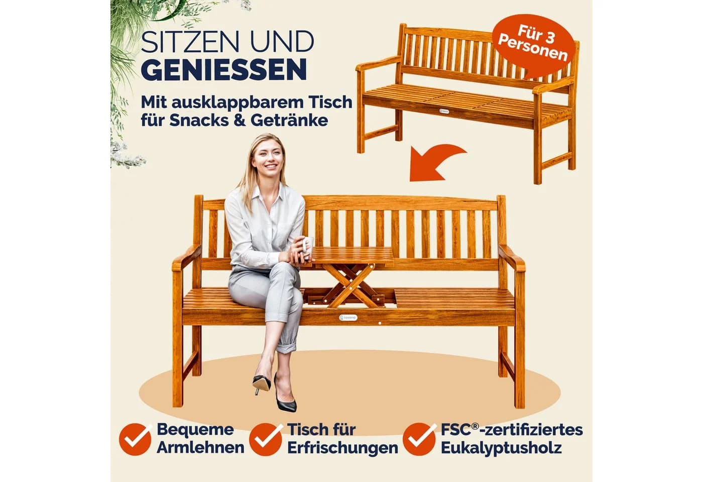 Casaria Gartenbank mit Tisch Eukalyptus wetterfest - Bild 3