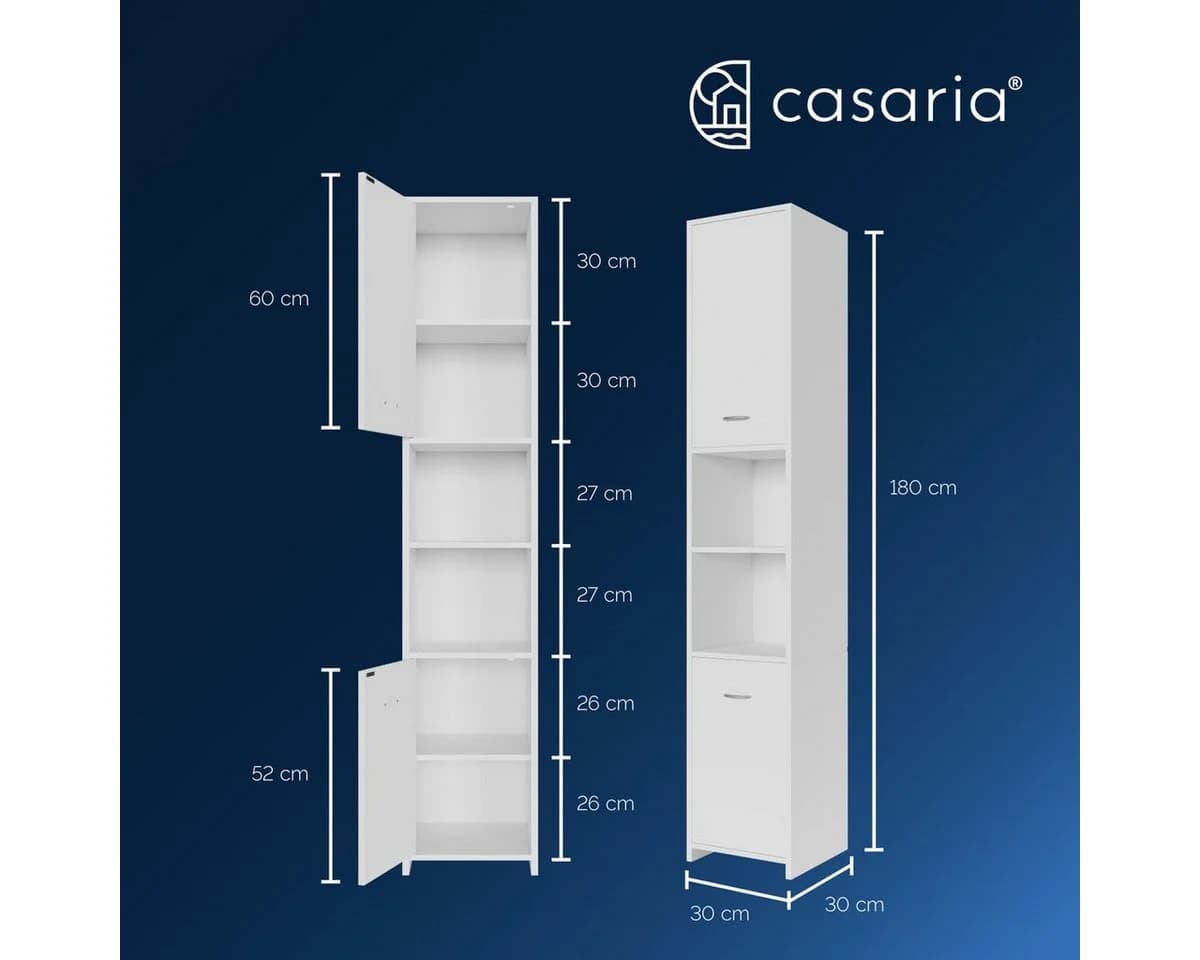 Casaria Hochschrank Neapel Weiß 30 cm Bad Schrank mit 2 Türen