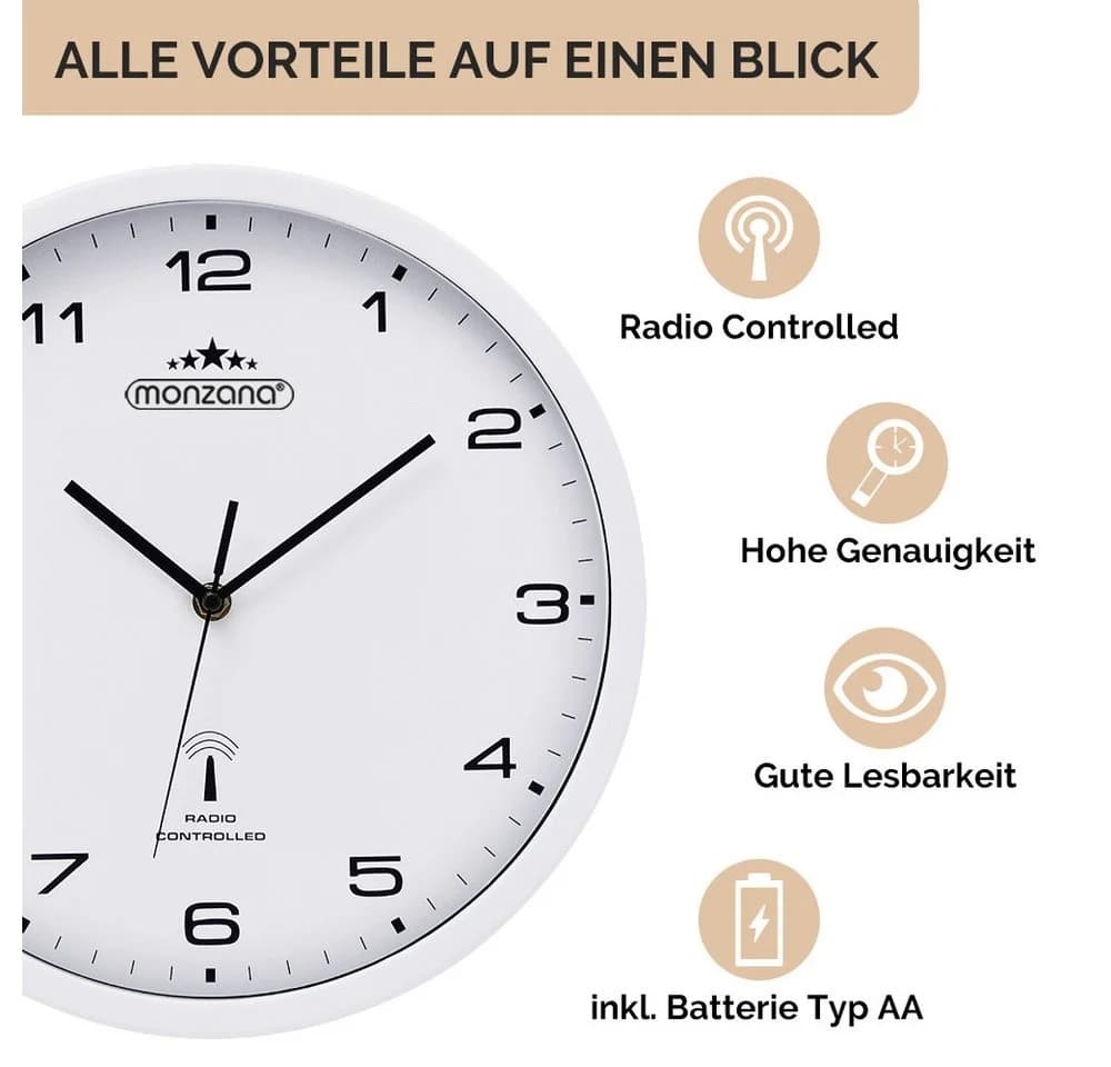 monzana Wanduhr Funk Zeitumstellung Geräuscharm Quarzuhrwerk Weiß - Bild 5