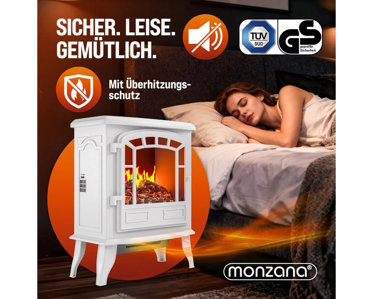 monzana Elektrokamin mit Heizlüfter & LED-Flammeneffekt, 2000W, Weiß/Schwarz