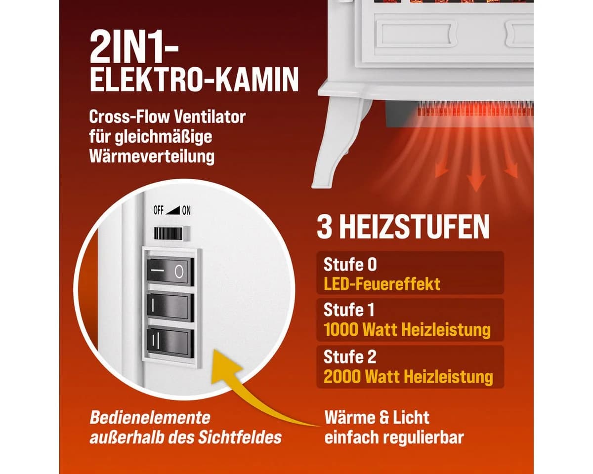 monzana Elektrokamin mit Heizlüfter & LED-Flammeneffekt, 2000W, Weiß/Schwarz - Bild 4